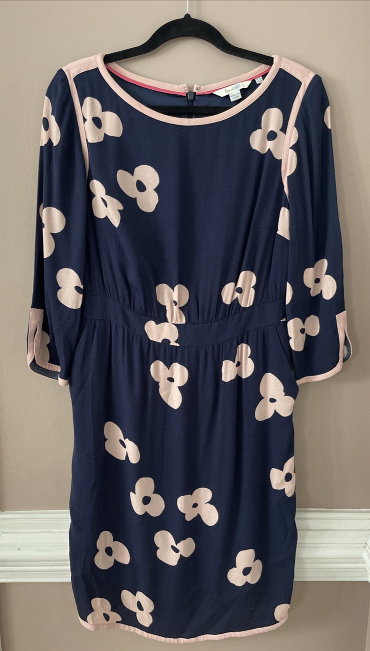 Boden Dress Womens 6 Tipped Clover Blue Pink Floral Romantic 3/4 Sleeve Lined